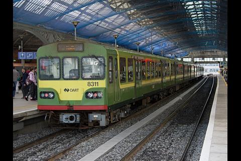 A DART EMU calls at Dublin's Pearse station, where the life-expired overall roof is due to be replaced by 2020. (Photo: Tony Miles)